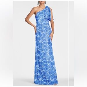 Elegant Blue Floral One-Shoulder Dress